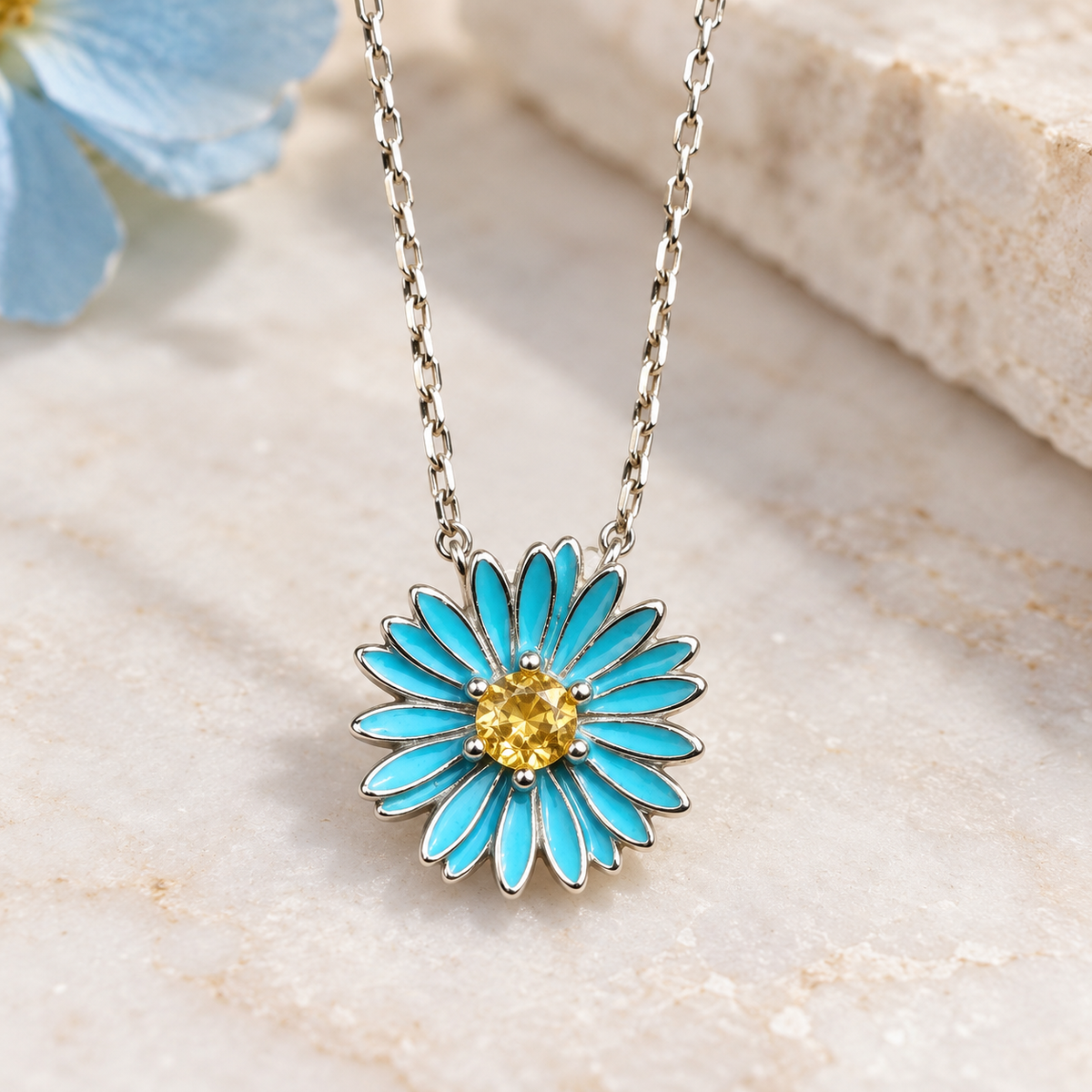 Enamel Blue Flower Necklace