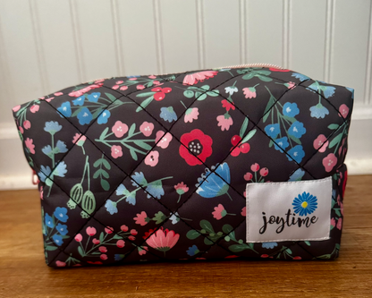 Handmade, Quilted Cosmetic Bag - Gray and Floral Pattern