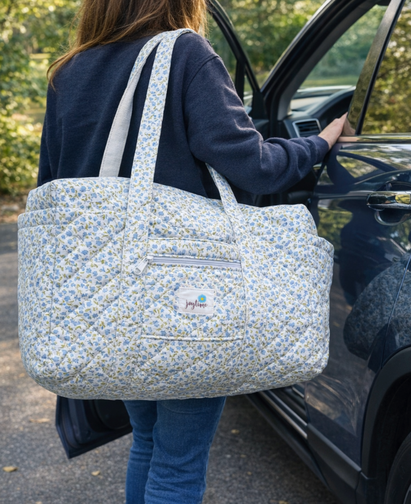 Handmade Weekender Quilted Bag - Blue Flowers
