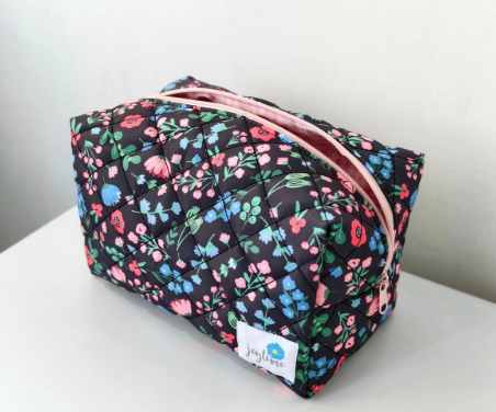 Handmade, Quilted Cosmetic Bag - Gray and Floral Pattern
