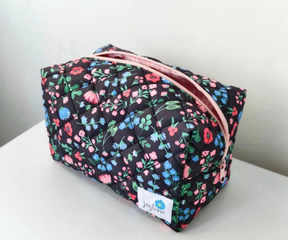 Handmade, Quilted Cosmetic Bag - Gray and Floral Pattern
